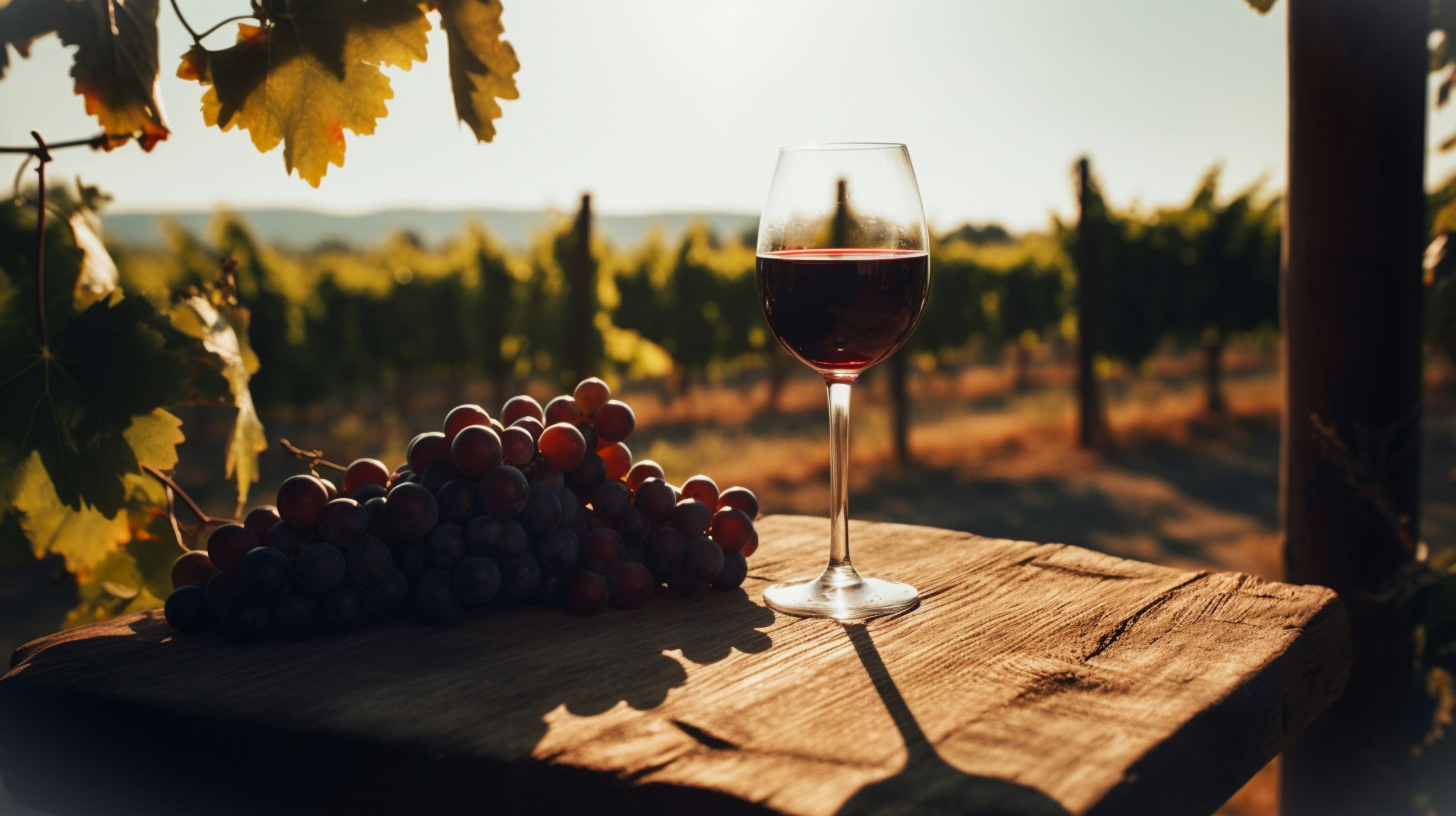 a glass of wine stands on a table with a bunch of grapes overlooking a sunny summer field with vineyards. Generative AI, Food.